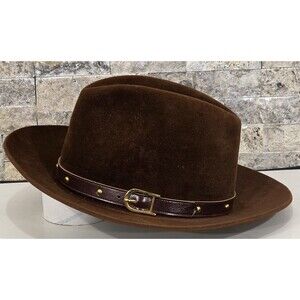 Vintage OLEG CASSINI Felt Fedora 60s 70s Brown Studded Buckle Leather Band Rare